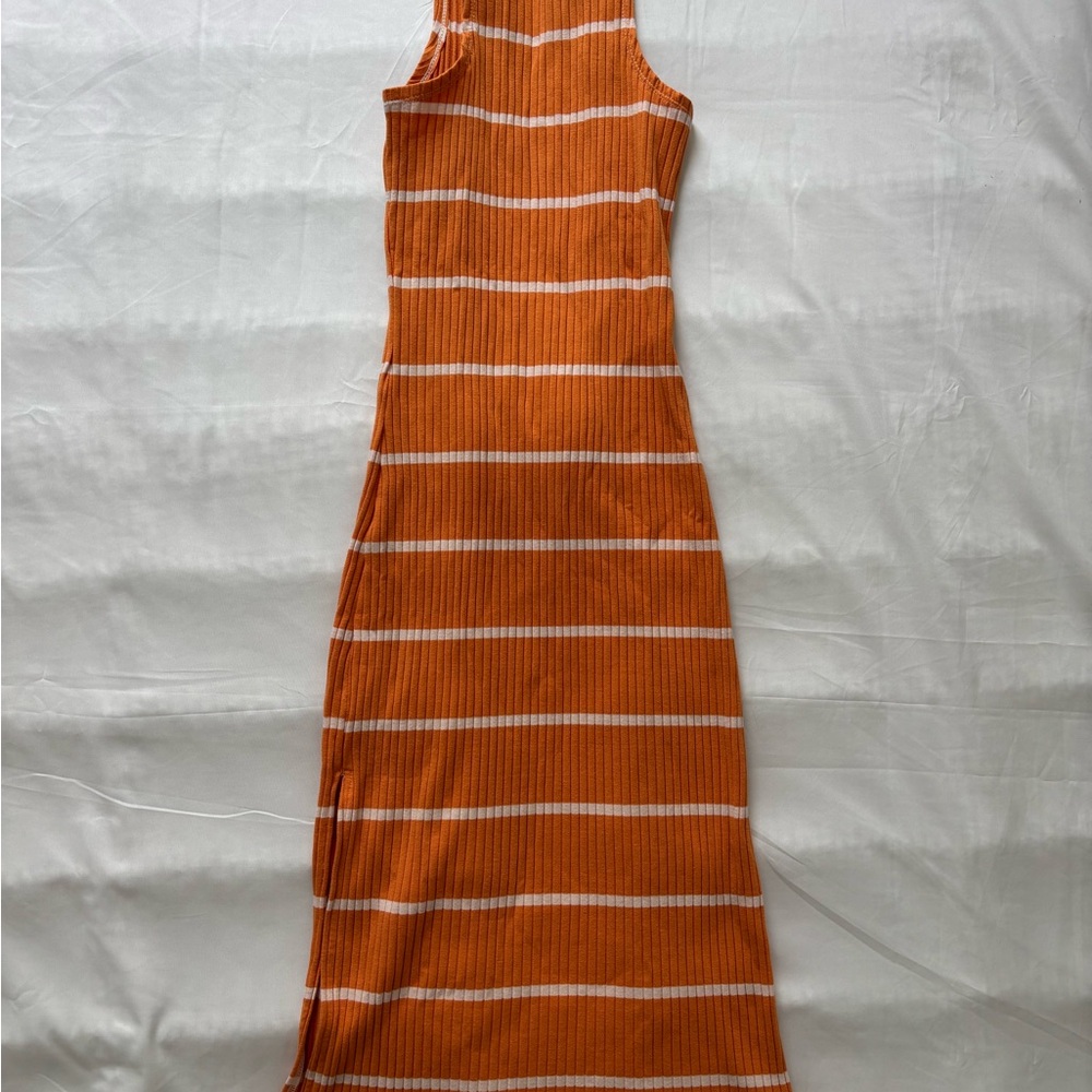 Sleeveless Orange Striped Ribbed Maxi Dress